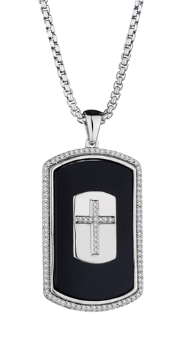 Genuine Onyx & .35 Carat of Diamonds Cross Dog Tag Pendant, Silver.....................NOW