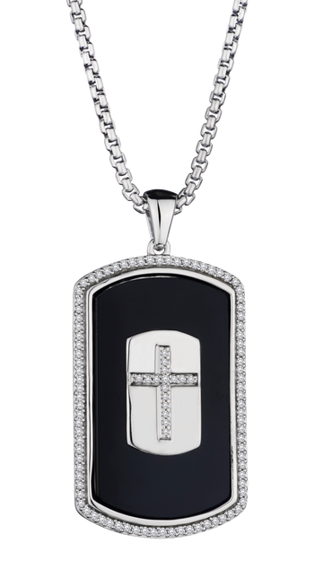 Genuine Onyx & .35 Carat of Diamonds Cross Dog Tag Pendant, Silver.....................NOW