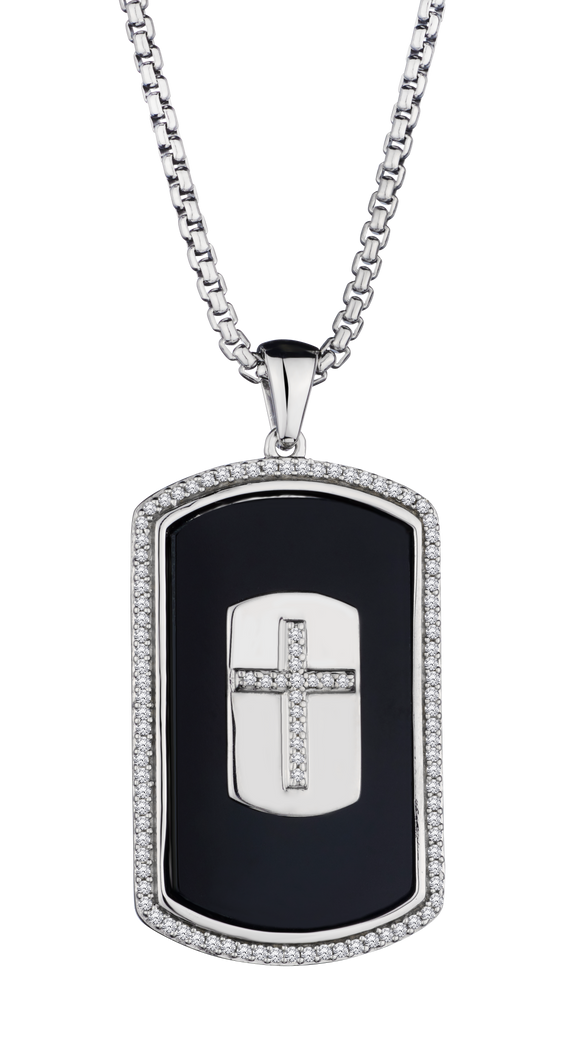 Genuine Onyx & .35 Carat of Diamonds Cross Dog Tag Pendant, Silver.....................NOW