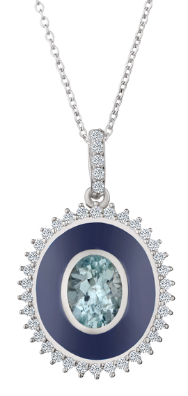 Genuine Aquamarine White Zircon & Blue Enamel "Designer" Pendant, Silver.....................NOW