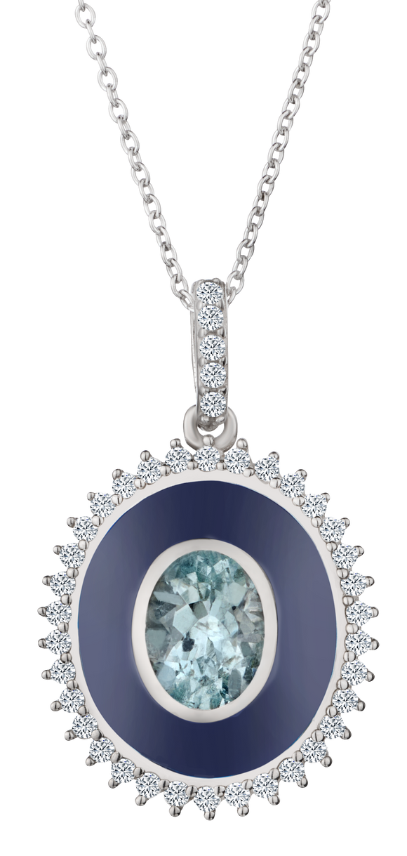 Genuine Aquamarine White Zircon & Blue Enamel "Designer" Pendant, Silver.....................NOW