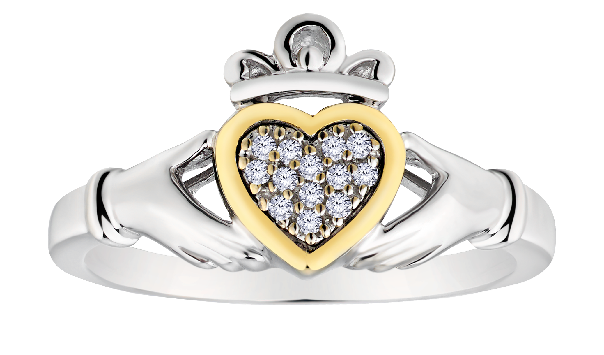 .05 Carat of Diamonds "Claddagh" Ring, Silver (Yellow Gold Plated).....................NOW