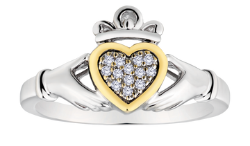 .05 Carat of Diamonds "Claddagh" Ring, Silver (Yellow Gold Plated).....................NOW