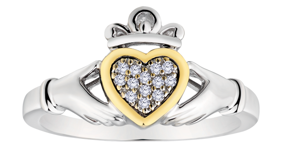 .05 Carat of Diamonds "Claddagh" Ring, Silver (Yellow Gold Plated).....................NOW