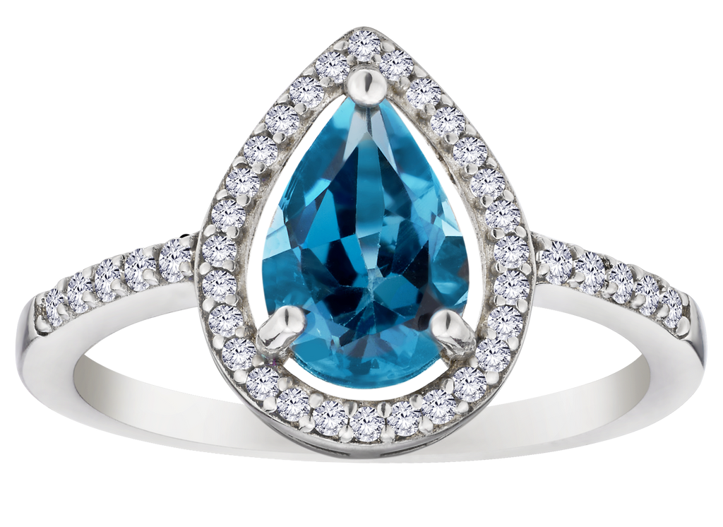 Genuine London Blue Topaz & Created White Sapphire Halo Ring, Silver.....................NOW