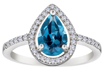 Genuine London Blue Topaz & Created White Sapphire Halo Ring, Silver.....................NOW