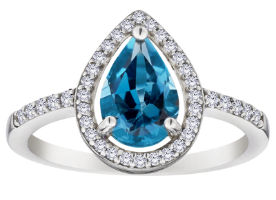 Genuine London Blue Topaz & Created White Sapphire Halo Ring, Silver.....................NOW