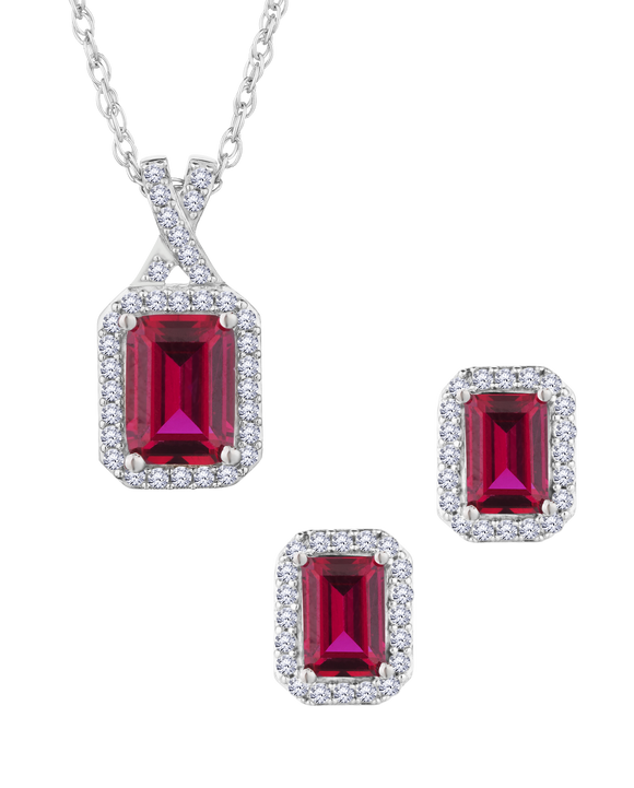 Created Ruby and White Sapphire Earring and Necklace Set, Silver.....................NOW