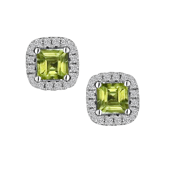 Genuine Peridot and .08 Carat of Diamonds Halo Stud Earrings, 10kt White Gold.....................NOW
