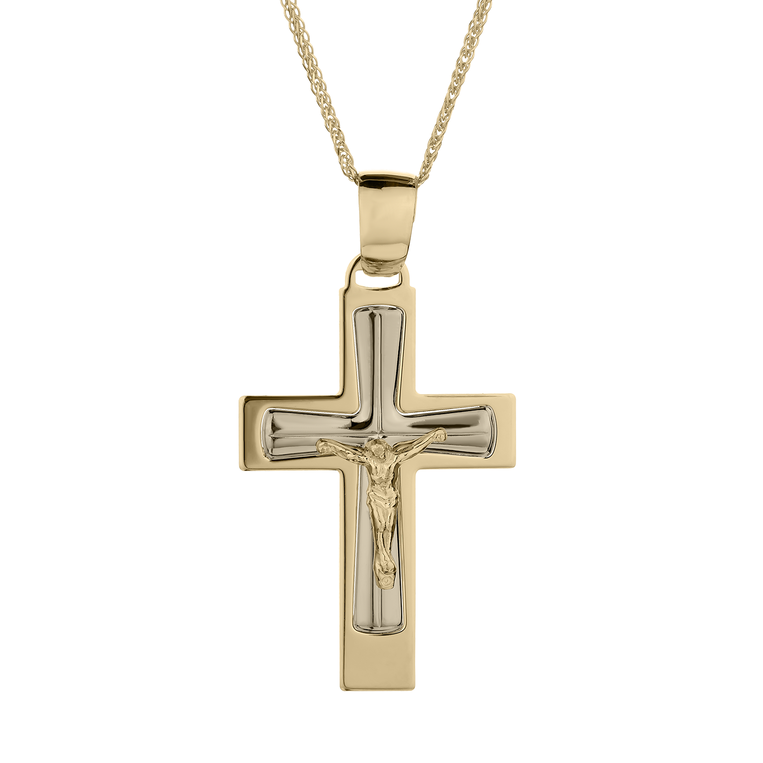 Fancy Italian Crucifix Cross,  10kt Yellow and White Gold (Two Tone). Necklaces and Pendants. Griffin Jewellery Designs. 