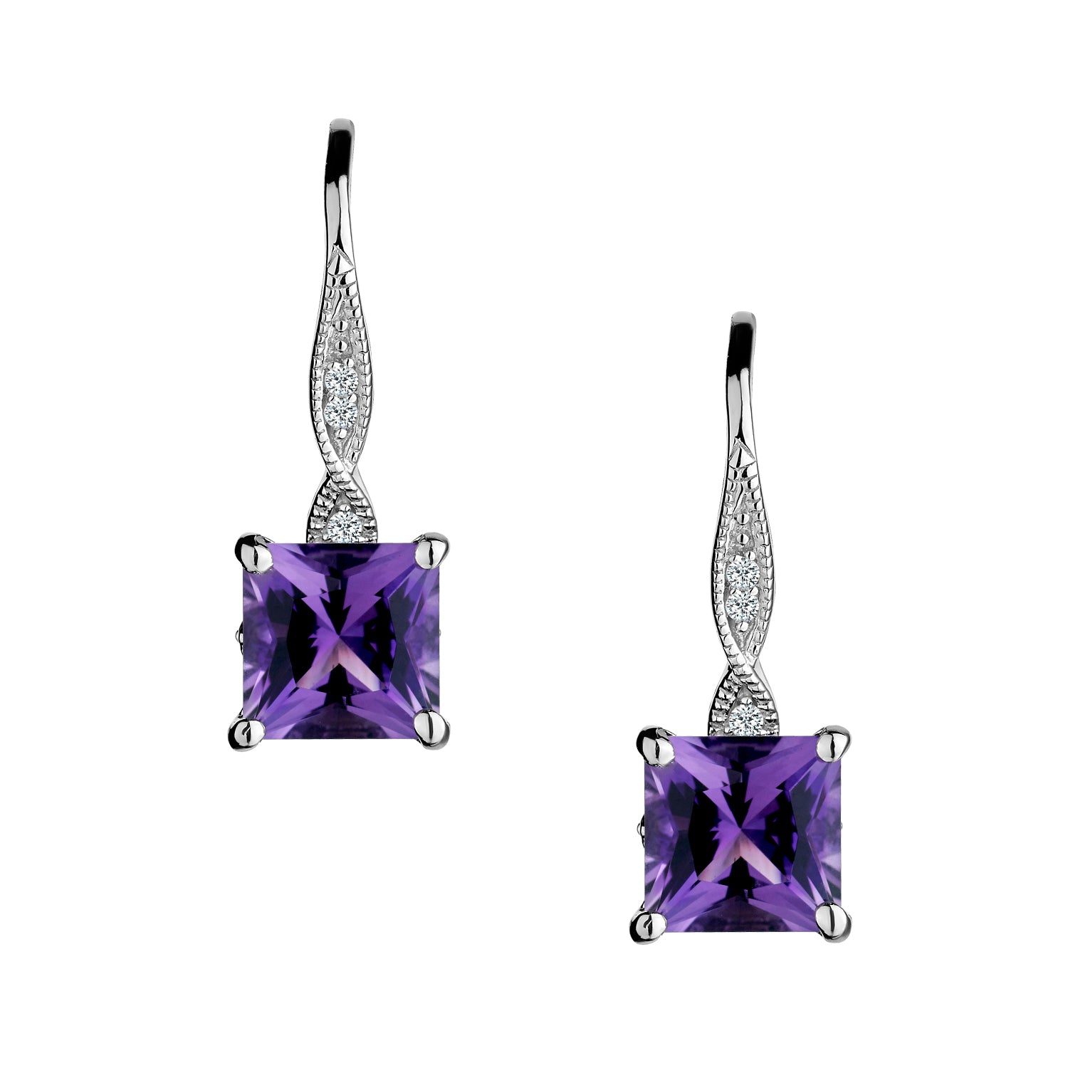 Created White Sapphire & Amethyst Drop Earrings,  Sterling Silver. Griffin Jewellery Designs