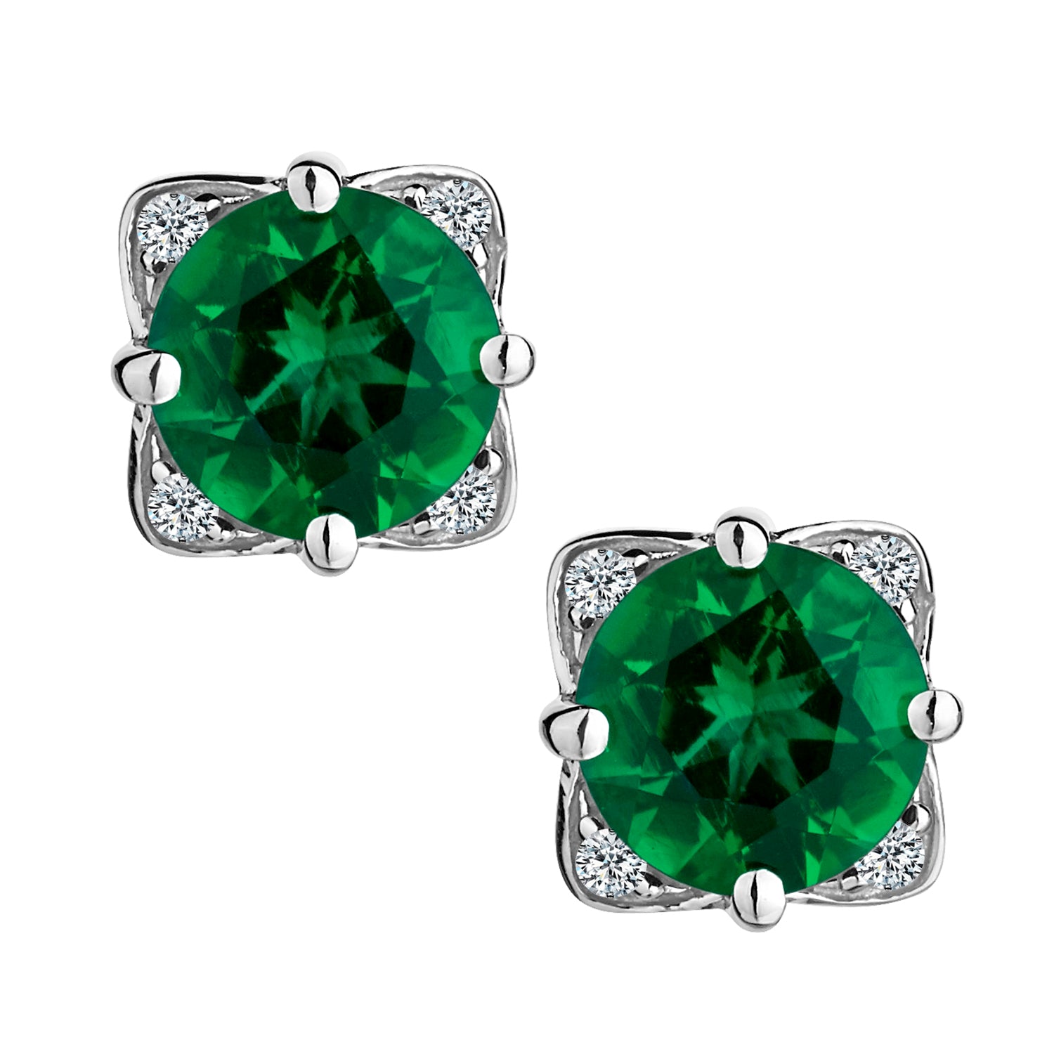 Created Emerald & White Sapphire Stud Earrings,  Sterling Silver. Griffin Jewellery Designs
