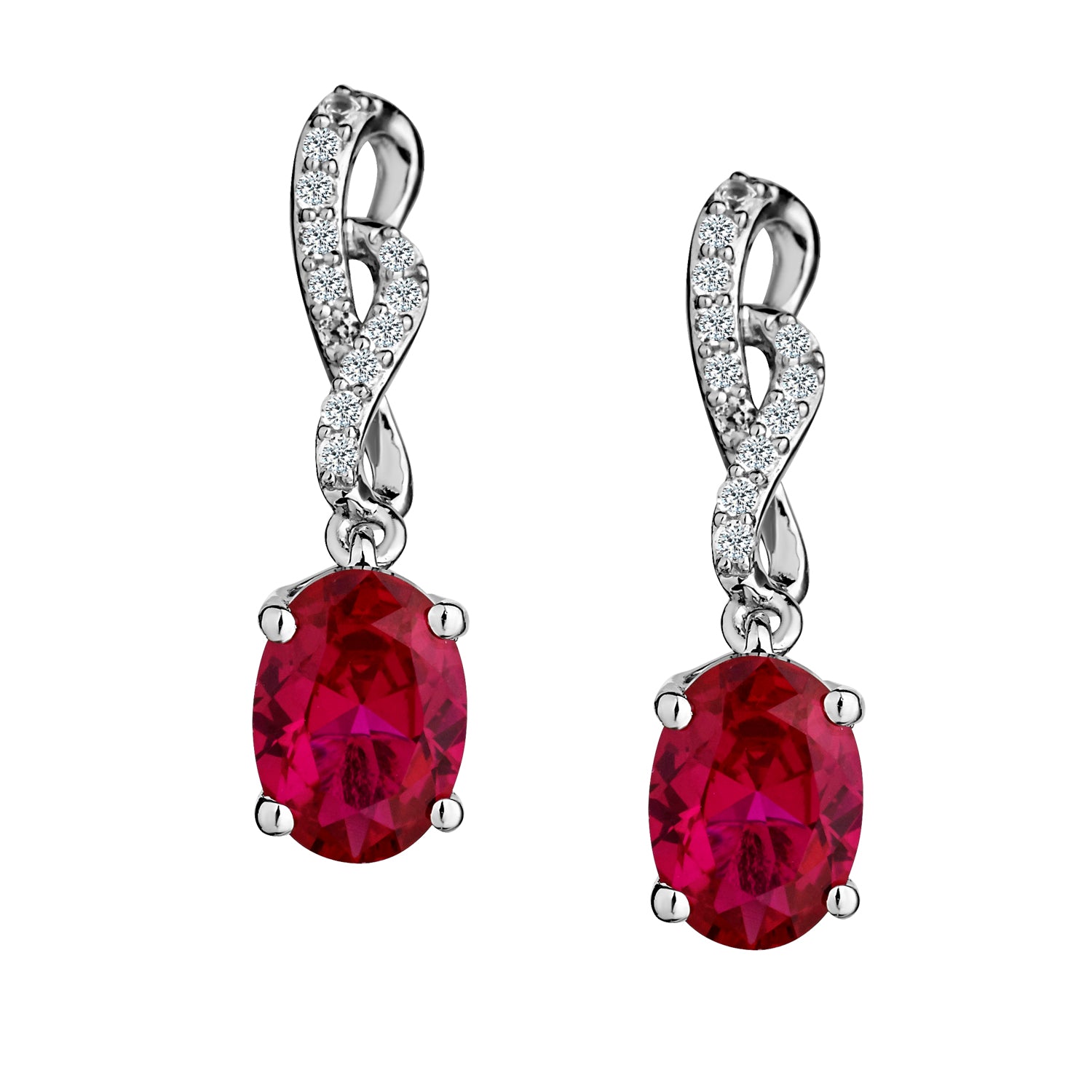 Created Ruby & White Sapphire Drop Earrings,  Sterling Silver. Griffin Jewellery Designs