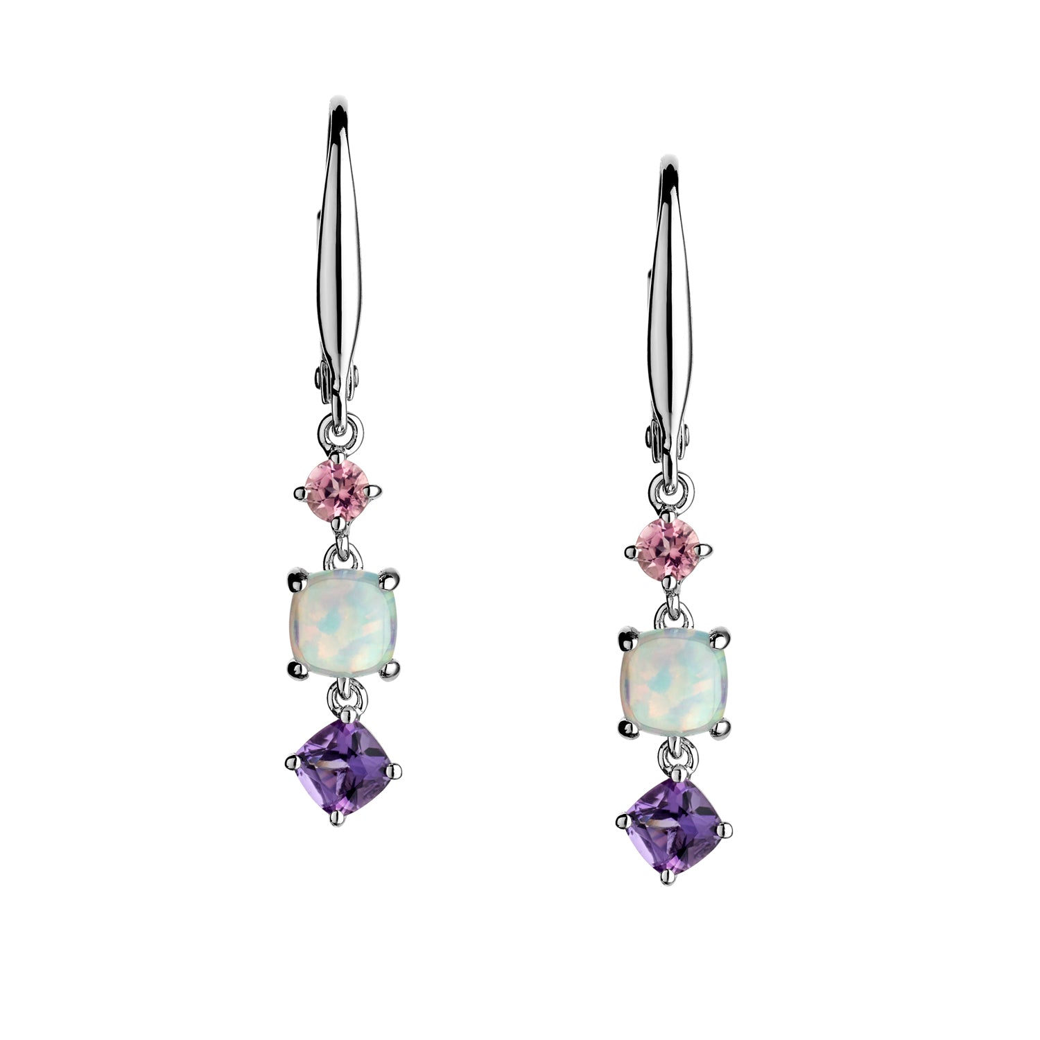 GENUINE AMETHYST, PINK TOURMALINE AND CREATED OPAL DROP EARRINGS, SILVER.....................NOW