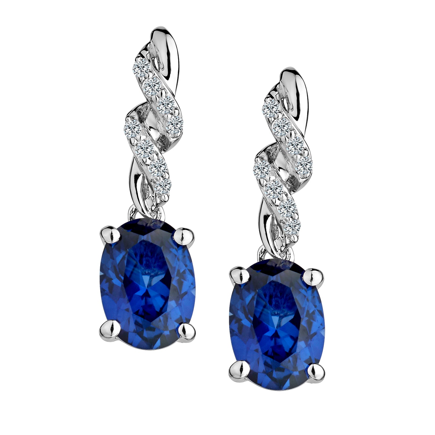 Created Blue & White Sapphire Drop Earrings,  Sterling Silver. Griffin Jewellery Designs