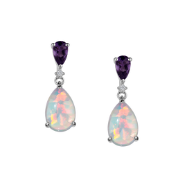 Created Opal, Genuine Amethyst & White Sapphire Drop Stud Earrings,  Sterling Silver. Griffin Jewellery Designs
