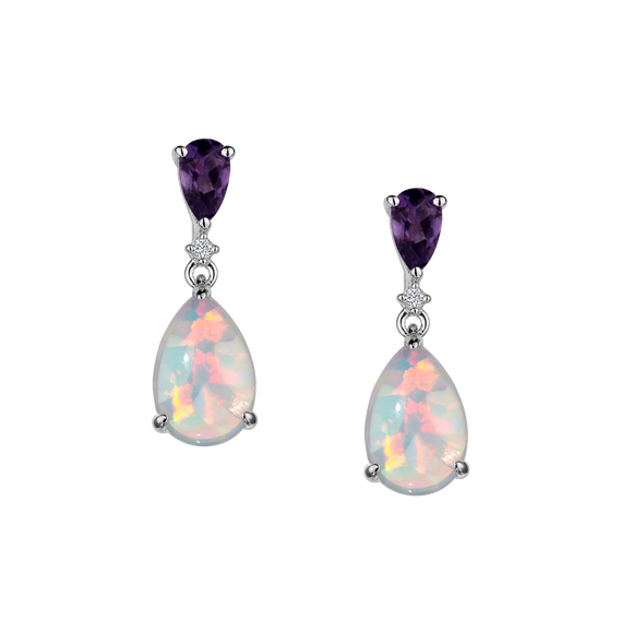 Created Opal, Genuine Amethyst & White Sapphire Drop Stud Earrings,  Sterling Silver. Griffin Jewellery Designs