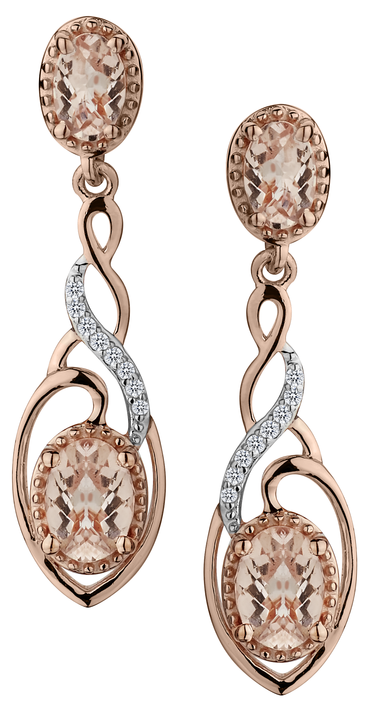 2.44 Carat Genuine Morganite and White Topaz Earrings,  Sterling Silver, Rose Gold Plated. Griffin Jewellery Designs