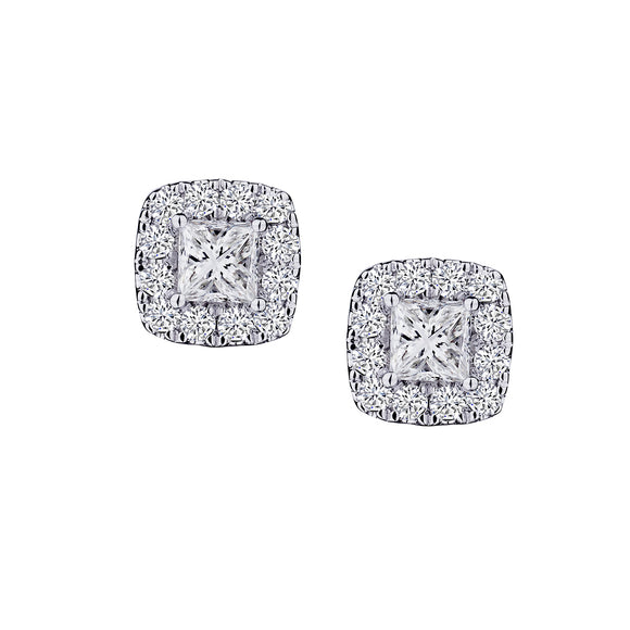 1.00 Carat of Diamonds Princess Cut Diamond Halo Earrings, 14kt White Gold.......................NOW