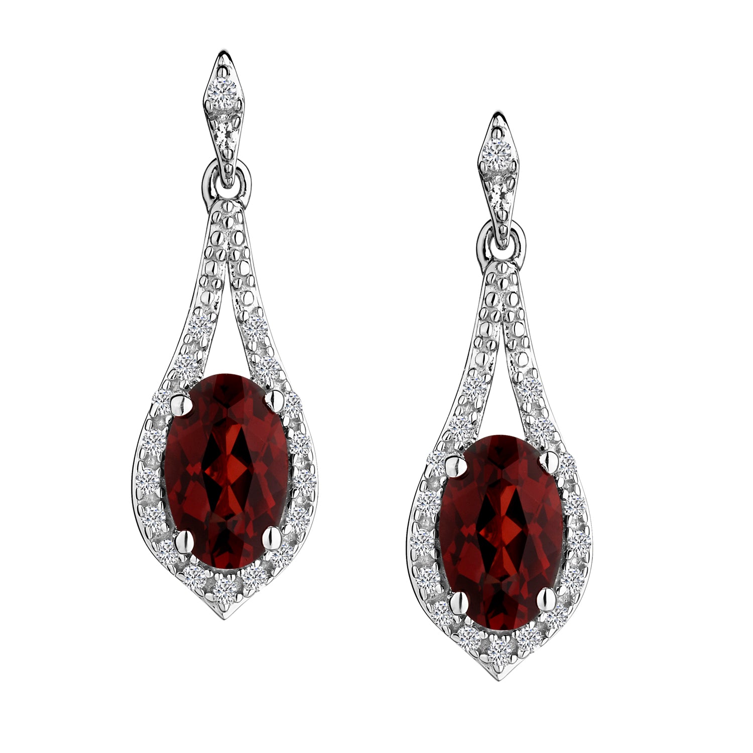Garnet and Created White Sapphire Drop Earrings,  Sterling Silver. Griffin Jewellery Designs