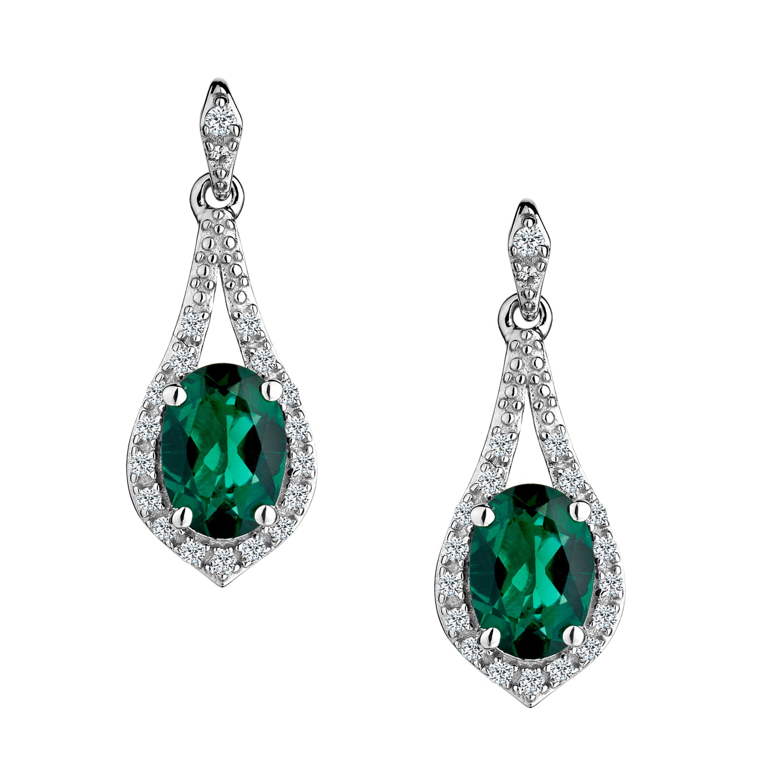 Created Emerald & Created White Sapphire Drop Earrings,  Sterling Silver. Griffin Jewellery Designs