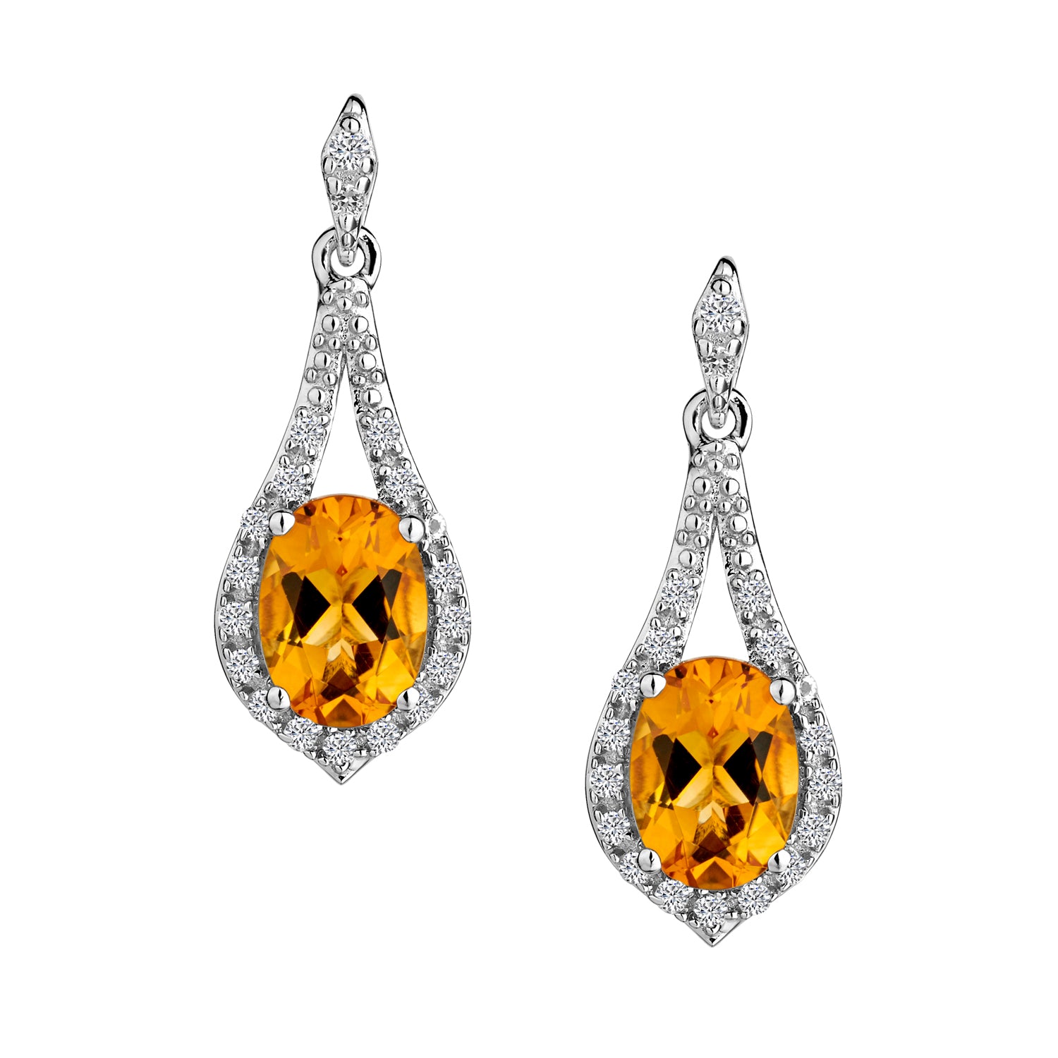Citrine & Created White Sapphire Drop Earrings,  Sterling Silver. Griffin Jewellery Designs