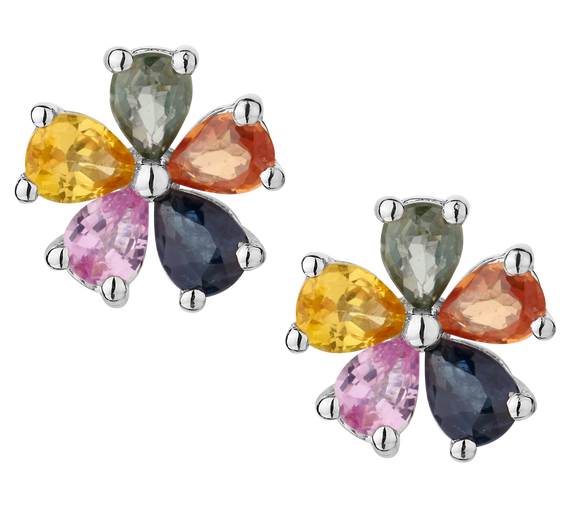 1.50 Carat Genuine Multi-Colour Sapphire Flower Earrings, Silver.......................NOW