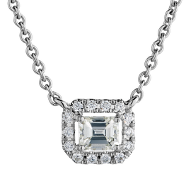 .25 Carat Total Weight (.18 Carat Emerald Cut + 0.7 Round Diamonds),  18kt White Gold.  Necklaces and Pendants. Griffin Jewellery Designs.