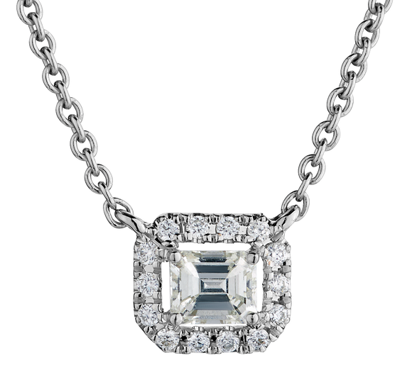.25 Carat Total Weight (.18 Carat Emerald Cut + 0.7 Round Diamonds),  18kt White Gold.  Necklaces and Pendants. Griffin Jewellery Designs.