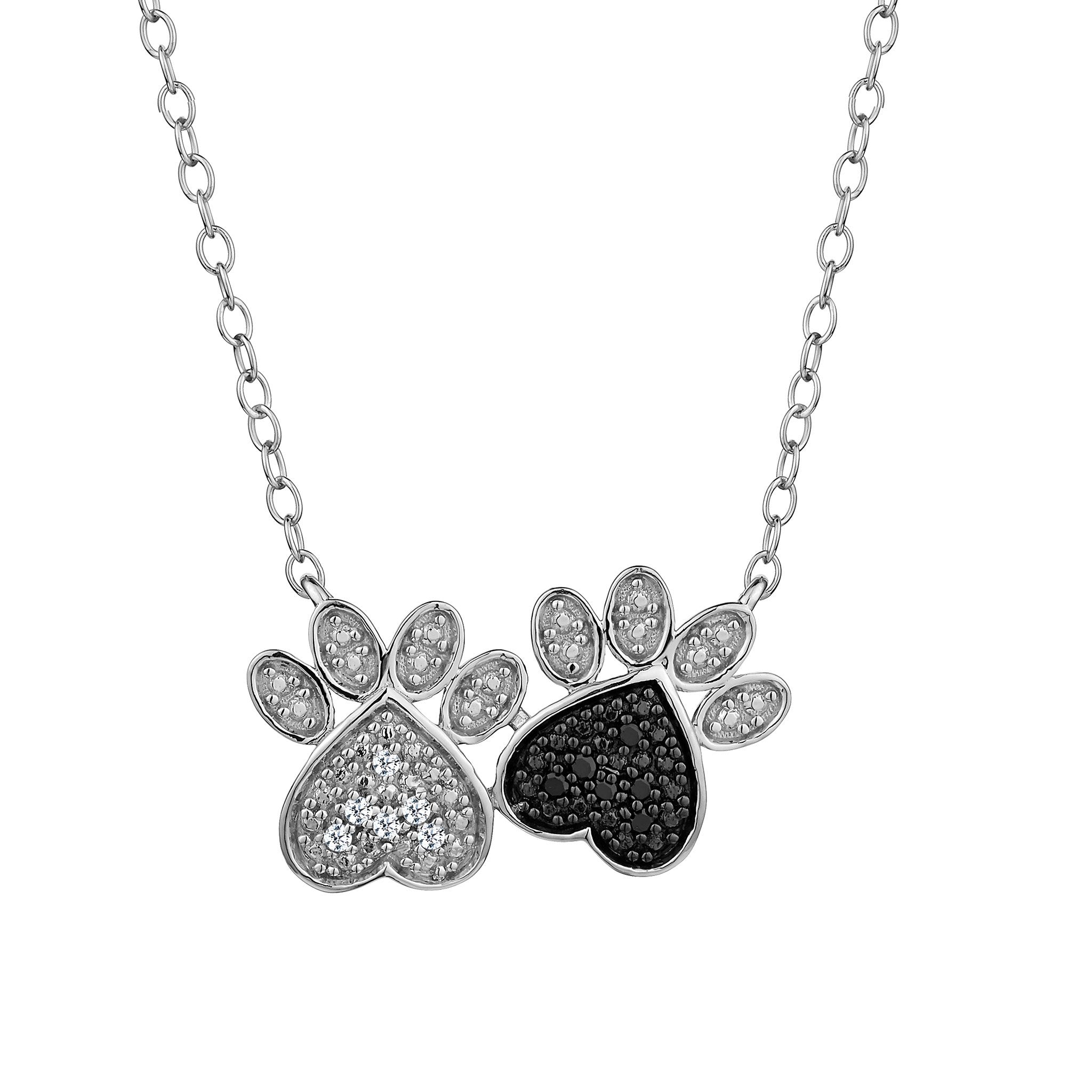 Sterling Silver  .05 Carat White and Black Pave Diamond "Paws" Necklace