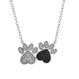 Sterling Silver  .05 Carat White and Black Pave Diamond "Paws" Necklace