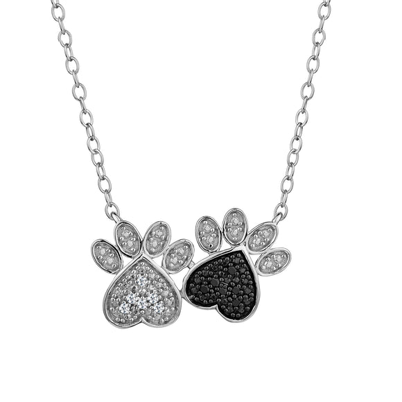 Sterling Silver  .05 Carat White and Black Pave Diamond "Paws" Necklace