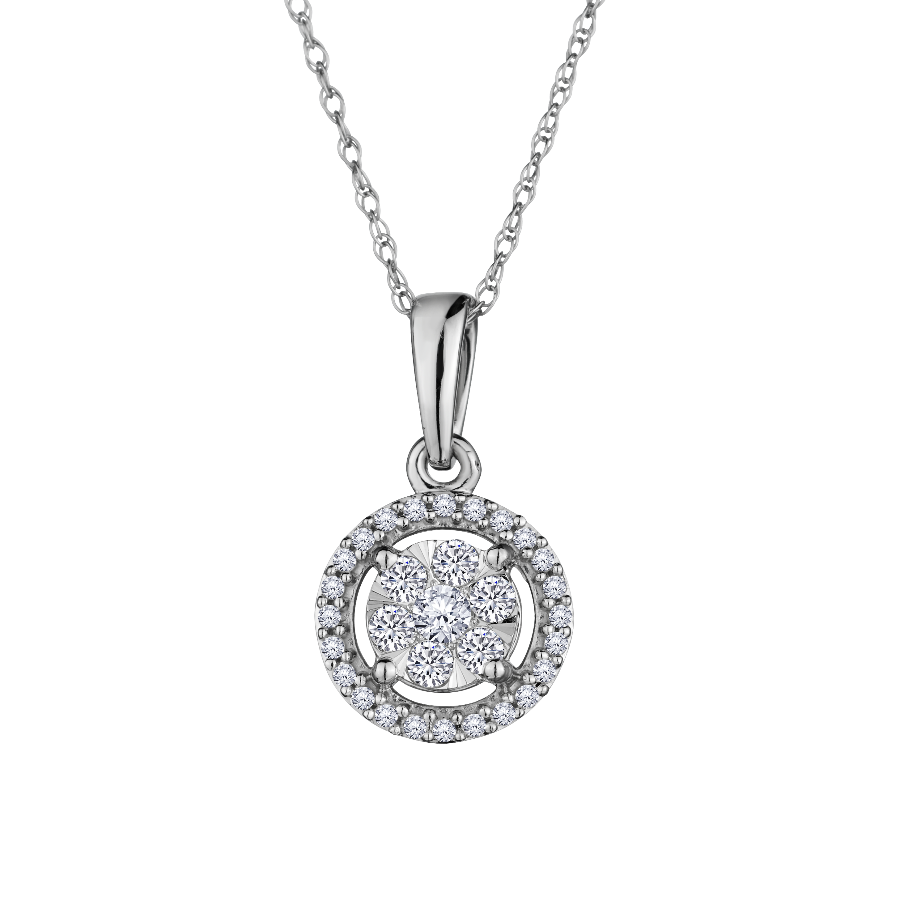 .25 Carat Diamond Halo Pendant, 10kt White Gold. Necklaces and Pendants. Griffin Jewellery Designs.