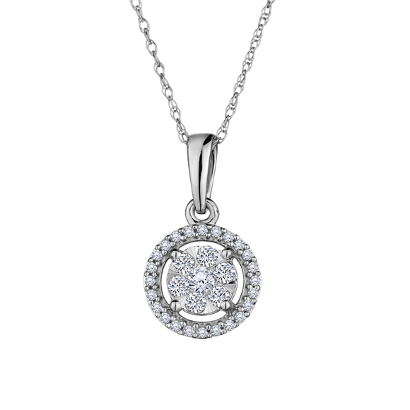 .25 Carat Diamond Halo Pendant, 10kt White Gold. Necklaces and Pendants. Griffin Jewellery Designs.