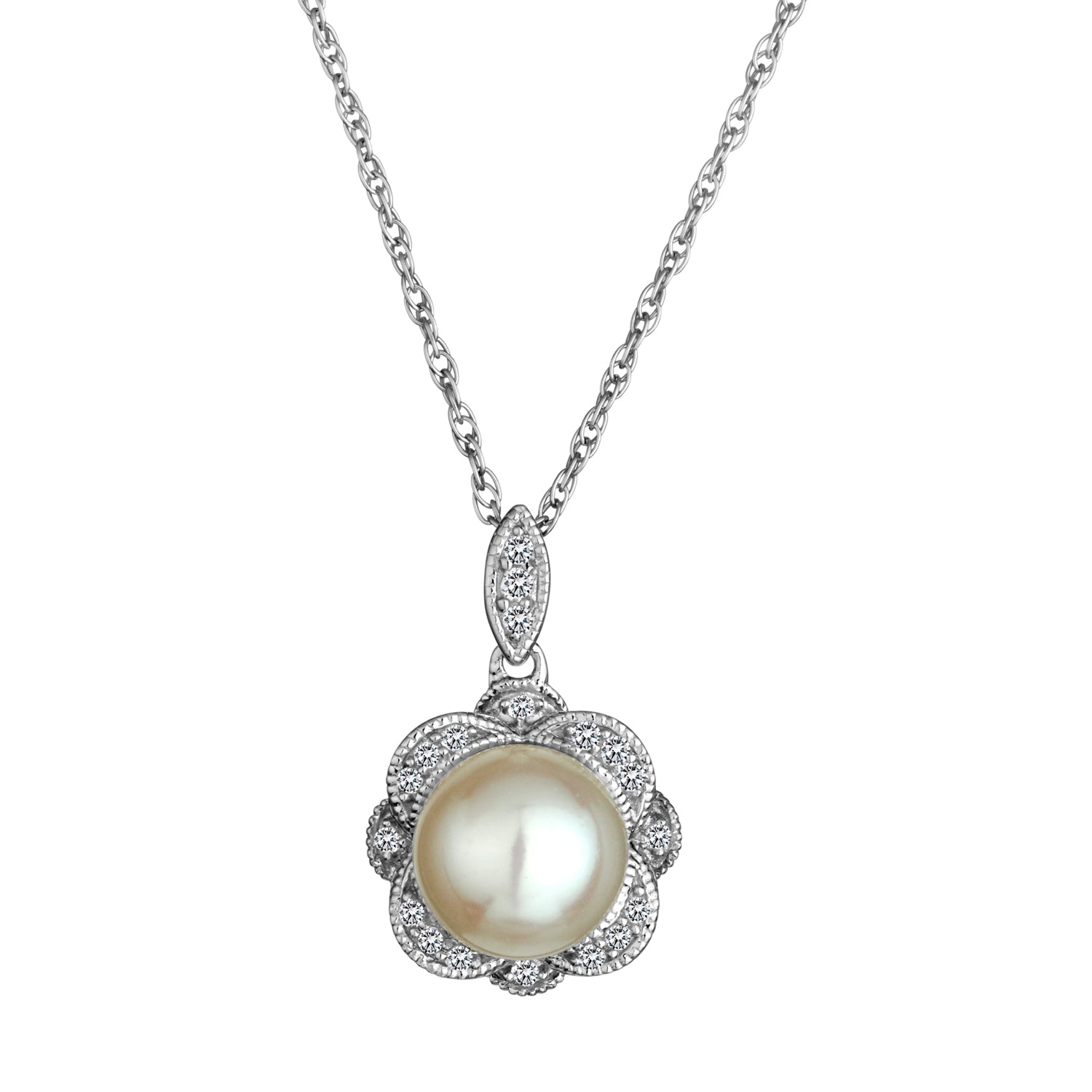 Created White Sapphire Fresh Water Pearl Pendant,  Sterling Silver. Necklaces and Pendants. Griffin Jewellery Designs. 