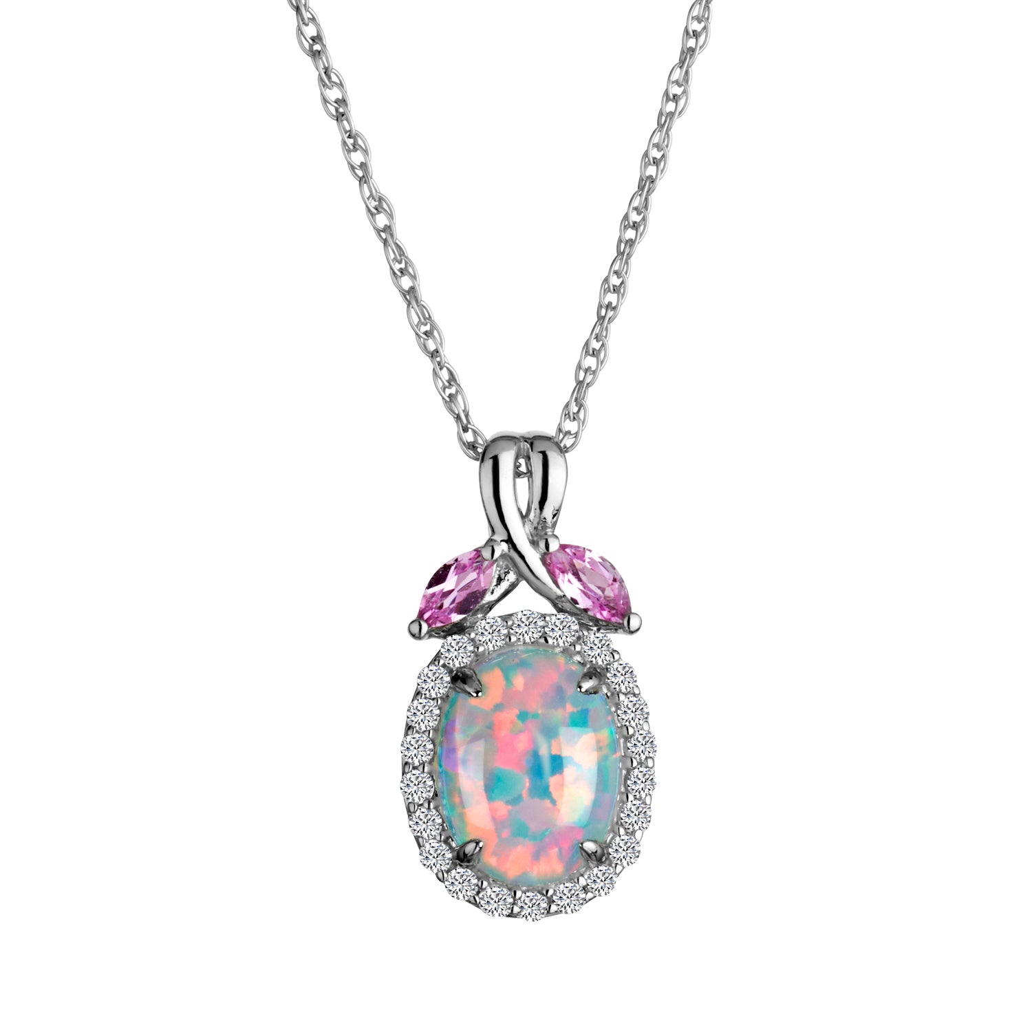 Created Opal, White & Pink Sapphire Pendant,  Sterling Silver. Necklaces and Pendants. Griffin Jewellery Designs. 