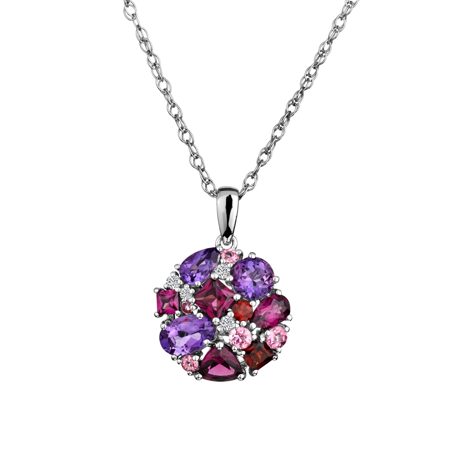 Genuine Garnet, Amethyst, Pink Tourmaline & White Sapphire Pendant,  Sterling Silver. Necklaces and Pendants. Griffin Jewellery Designs. 