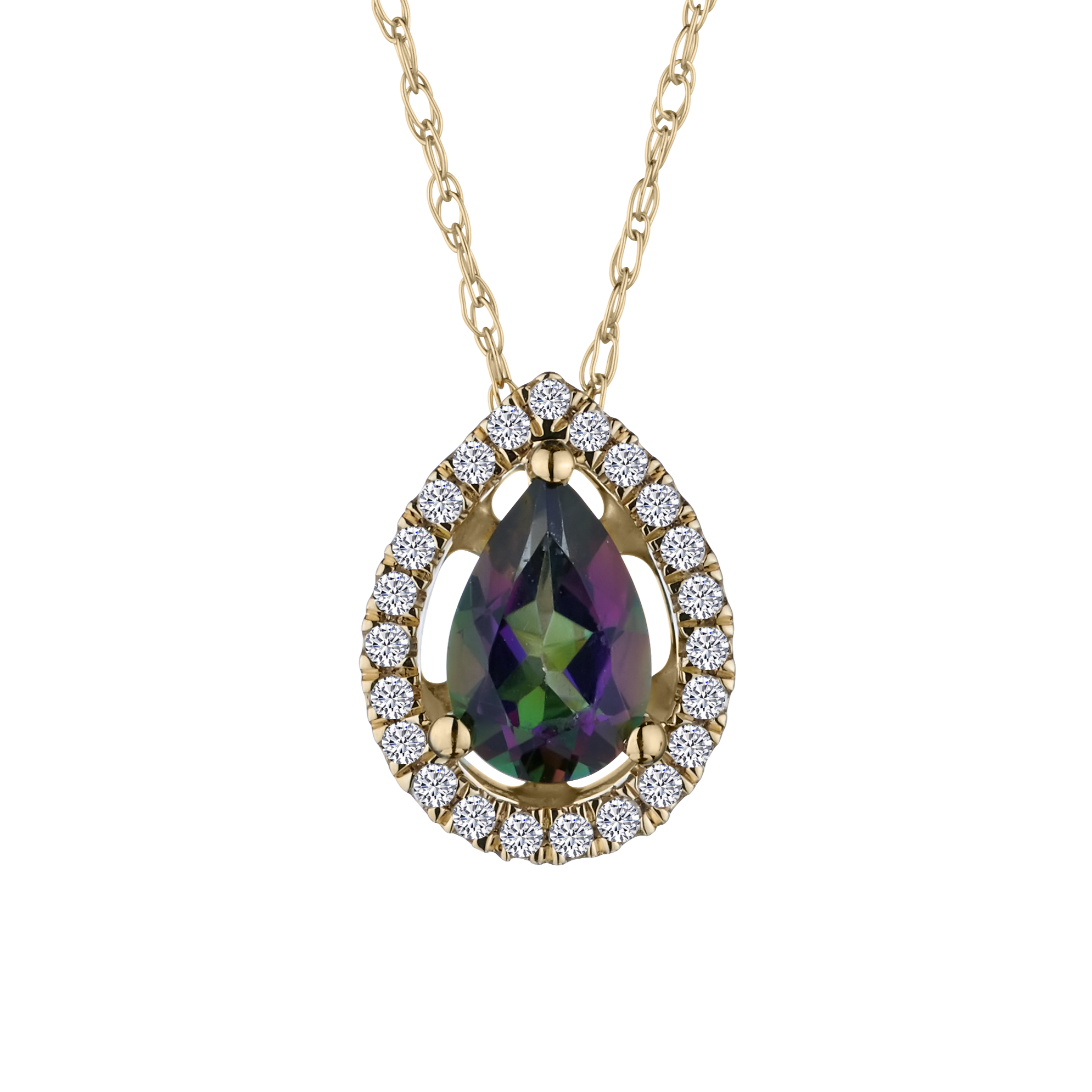 Genuine Mystic Topaz &.10 Carat Diamond Halo Pendant, 14kt Yellow Gold. Necklaces and Pendants. Griffin Jewellery Designs. 
