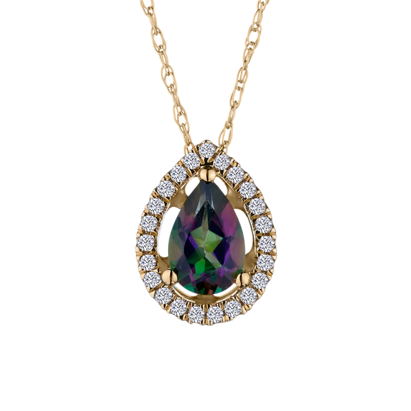 Genuine Mystic Topaz &.10 Carat Diamond Halo Pendant, 14kt Yellow Gold. Necklaces and Pendants. Griffin Jewellery Designs. 