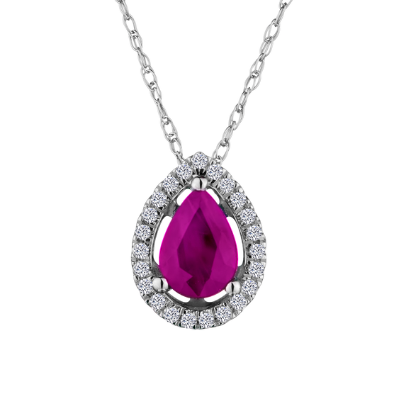 Genuine Ruby + .10 Carat Diamond Halo Pendant, 14kt White Gold. Necklaces and Pendants. Griffin Jewellery Designs. 