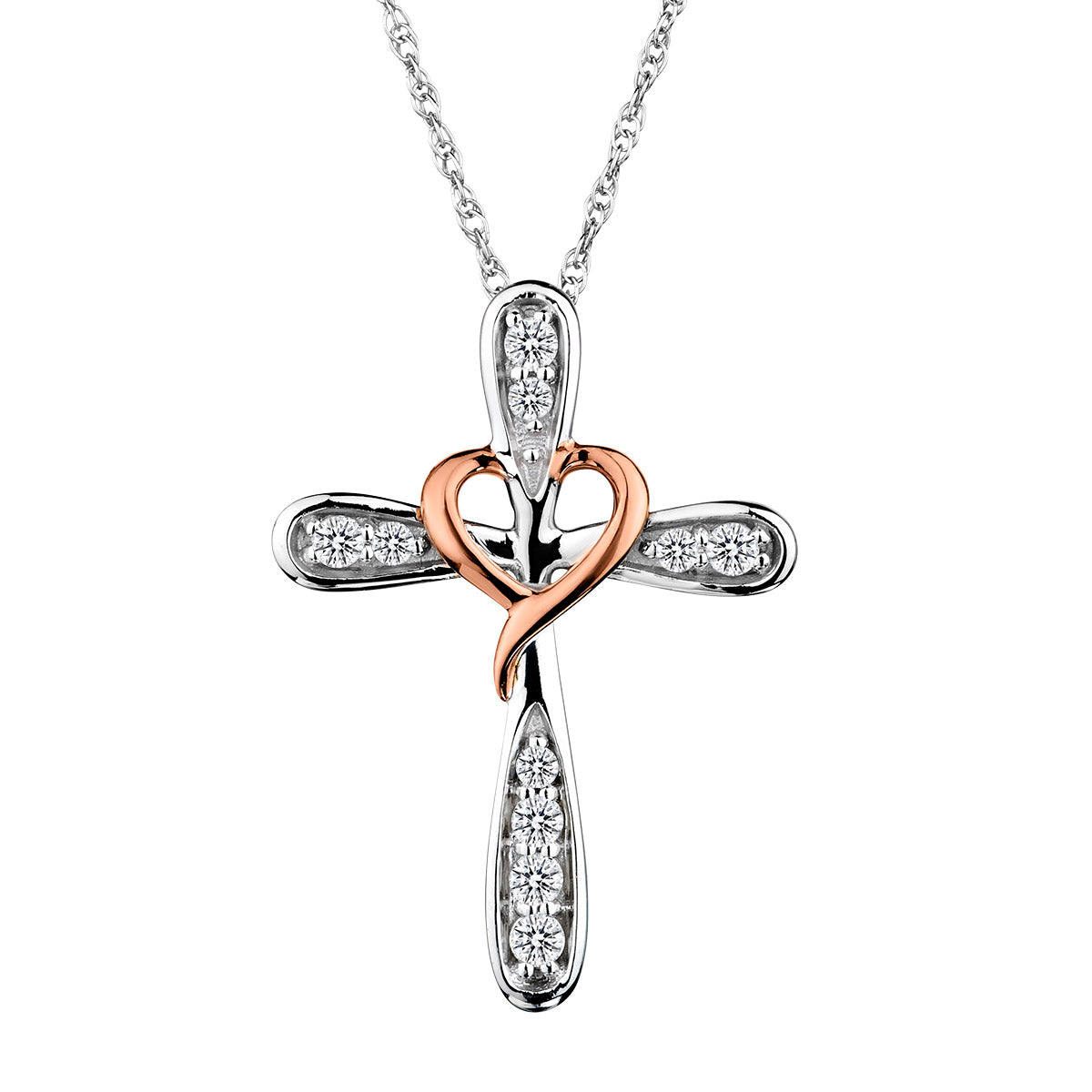 .10 Carat Heart & Cross Diamond Pendant,  10kt White & Rose Gold (Two Tone). Necklaces and Pendants. Griffin Jewellery Designs.