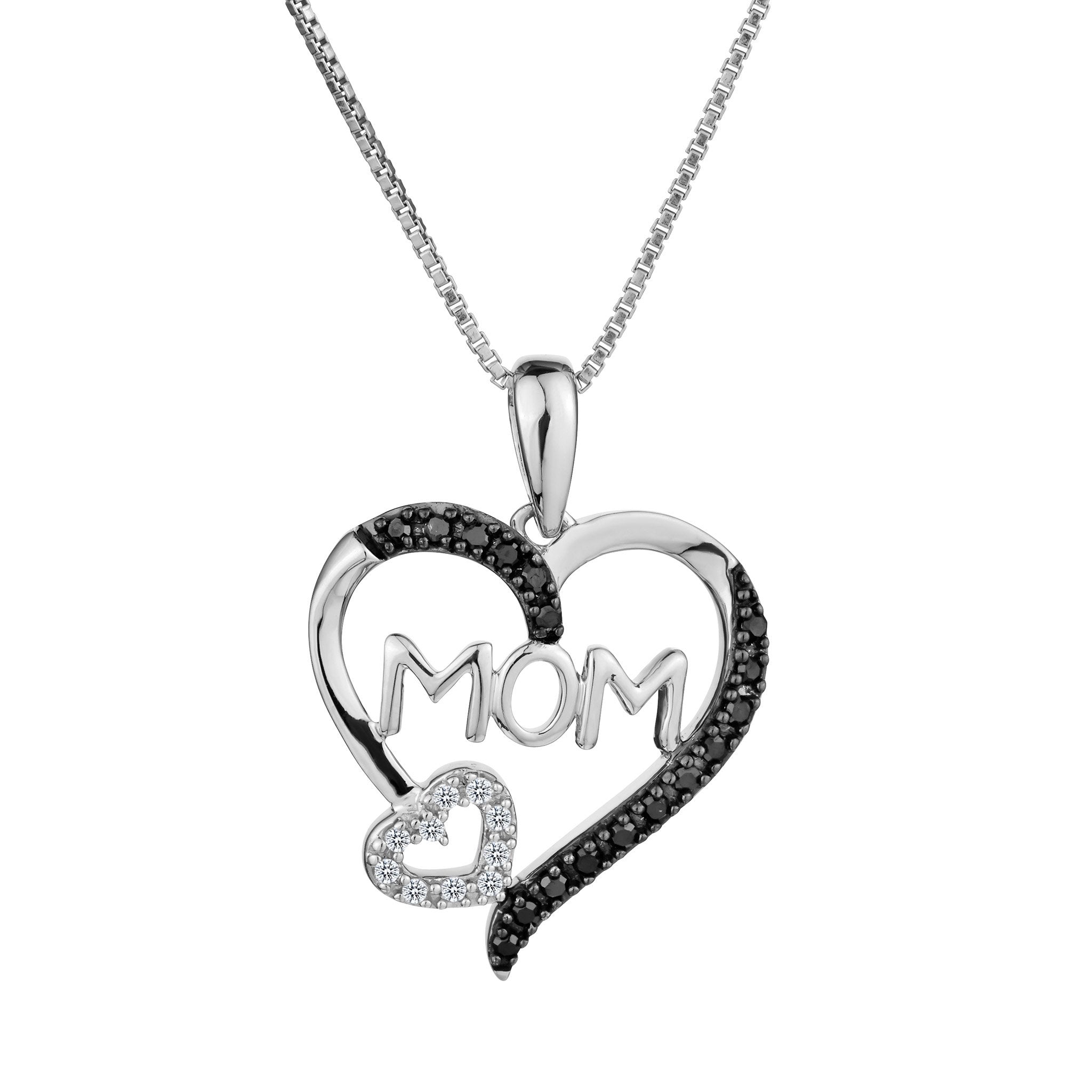.12 Carat Black and White Diamond "MOM" Heart Pendant,  Sterling Silver. Necklaces and Pendants. Griffin Jewellery Designs.