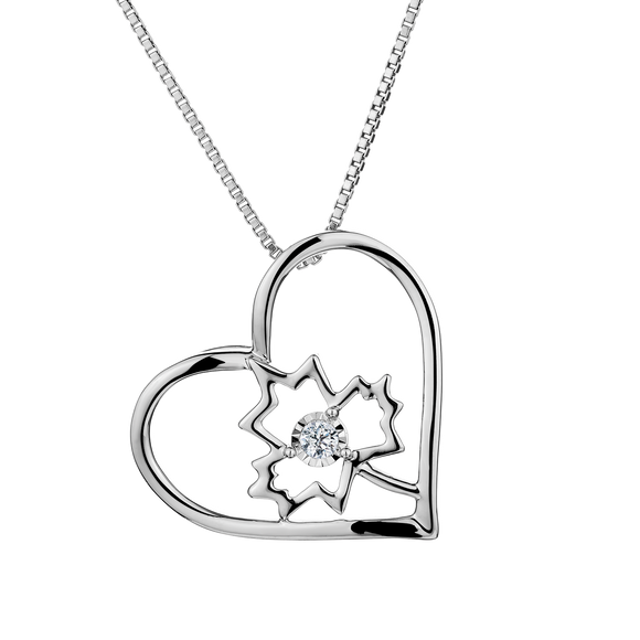 .03 Carat of Diamond Heart Maple Leaf Pendant, Silver......................NOW