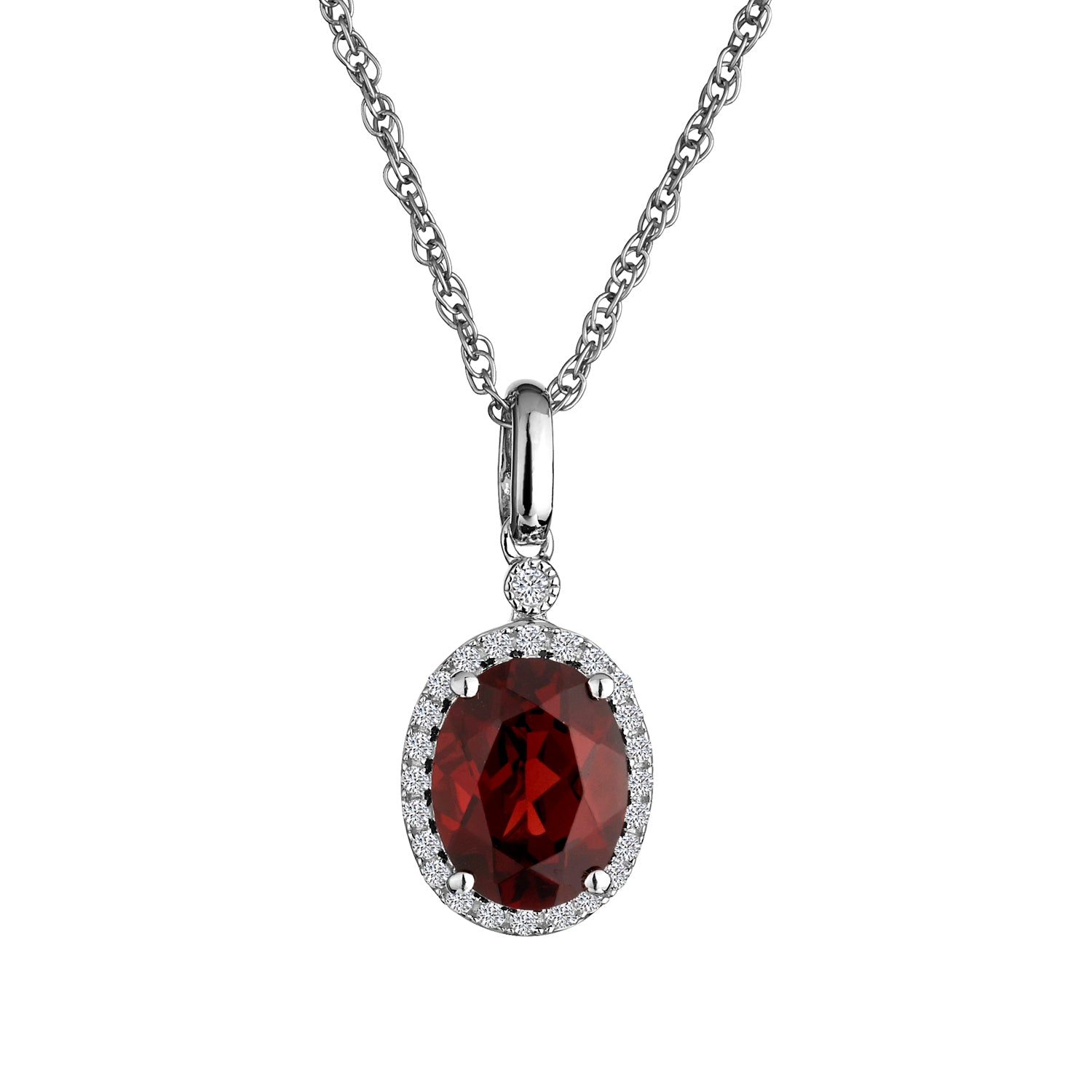 GARNET AND CREATED WHITE SAPPHIRE PENDANT, SILVER, WITH SILVER CHAIN...................NOW