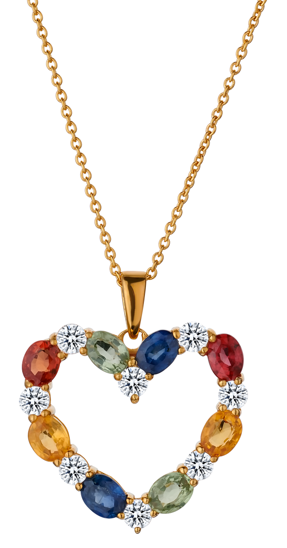 2.00 Carat Genuine Multi-Colour Sapphire Heart Pendant,  Sterling Silver (14kt Yellow Gold Plated). Necklaces and Pendants. Griffin Jewellery Designs. 