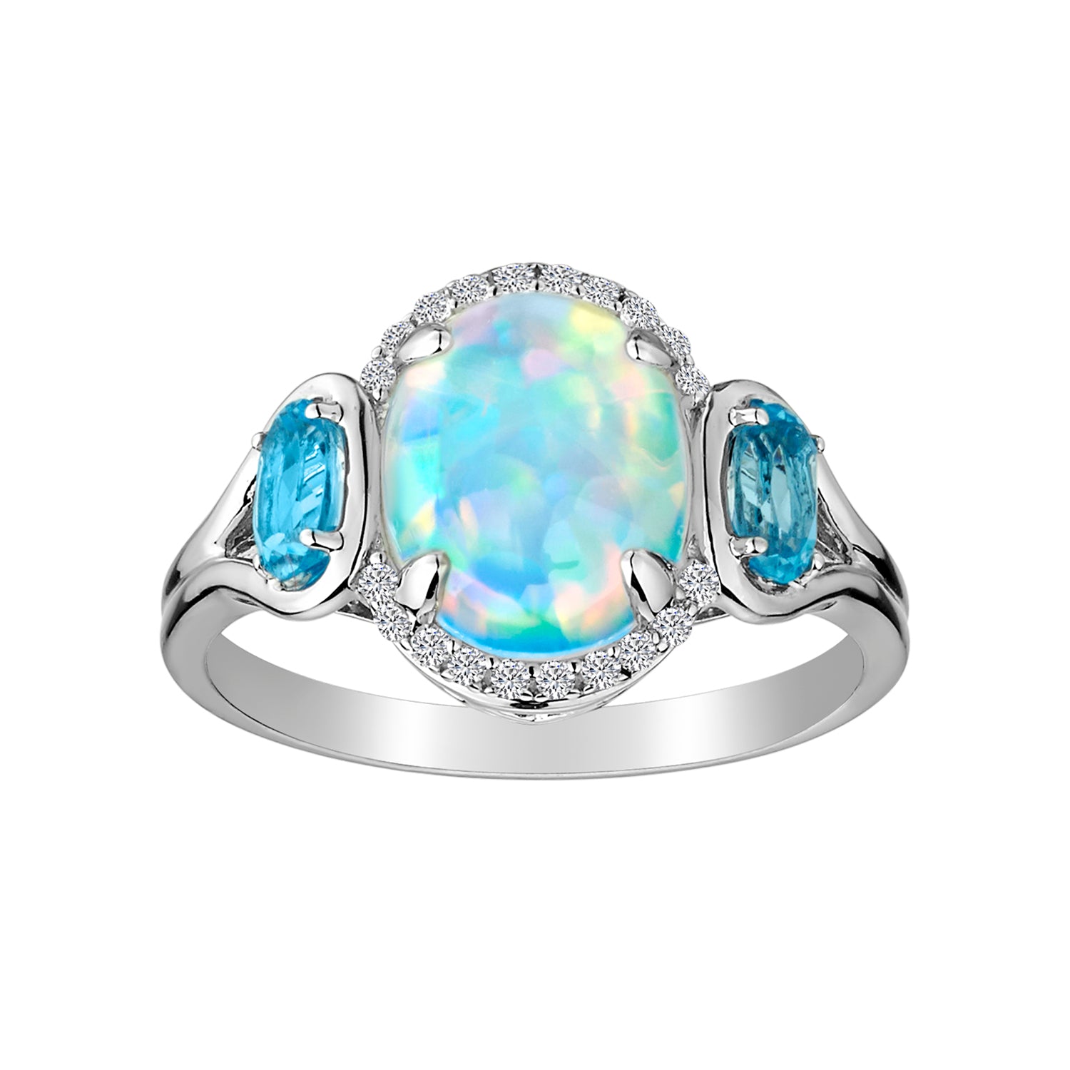 Created Opal, Blue Topaz and White Sapphire Ring,  Sterling Silver. Gemstone Rings. Griffin Jewellery Designs