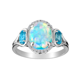 Created Opal, Blue Topaz and White Sapphire Ring,  Sterling Silver. Gemstone Rings. Griffin Jewellery Designs