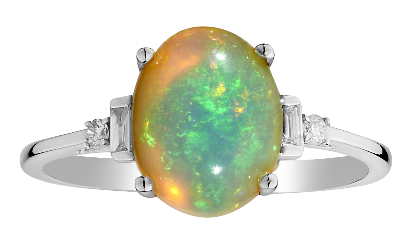 1.7 Carat Genuine Ethiopian Opal & .15 Carat Diamond Ring,  10kt White Gold. Gemstone Rings. Griffin Jewellery Designs
