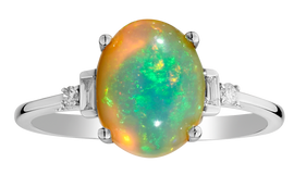 1.7 Carat Genuine Ethiopian Opal & .15 Carat Diamond Ring,  10kt White Gold. Gemstone Rings. Griffin Jewellery Designs