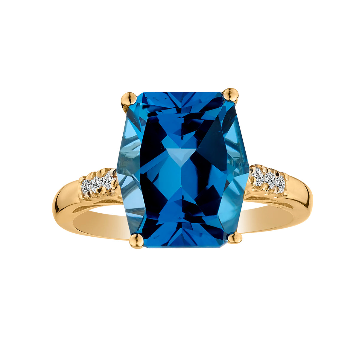 6.34 Carat London Blue Topaz and .07 Carat Diamond Ring,  10kt Yellow Gold. Gemstone Rings. Griffin Jewellery Designs